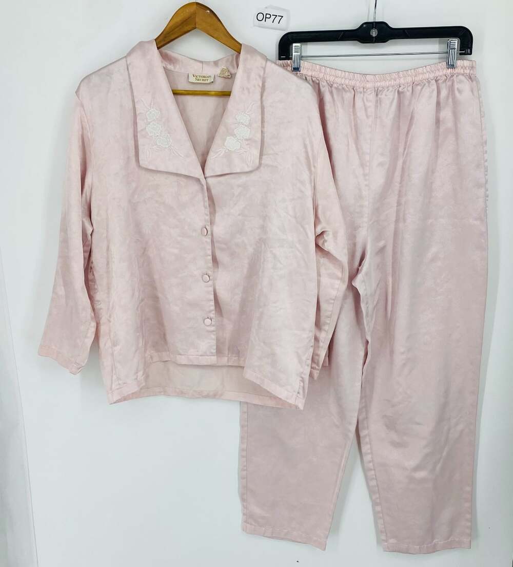 Vintage Victoria's Secret Gold Label Pink Satin 2 Piece Pajama Set Small Floral